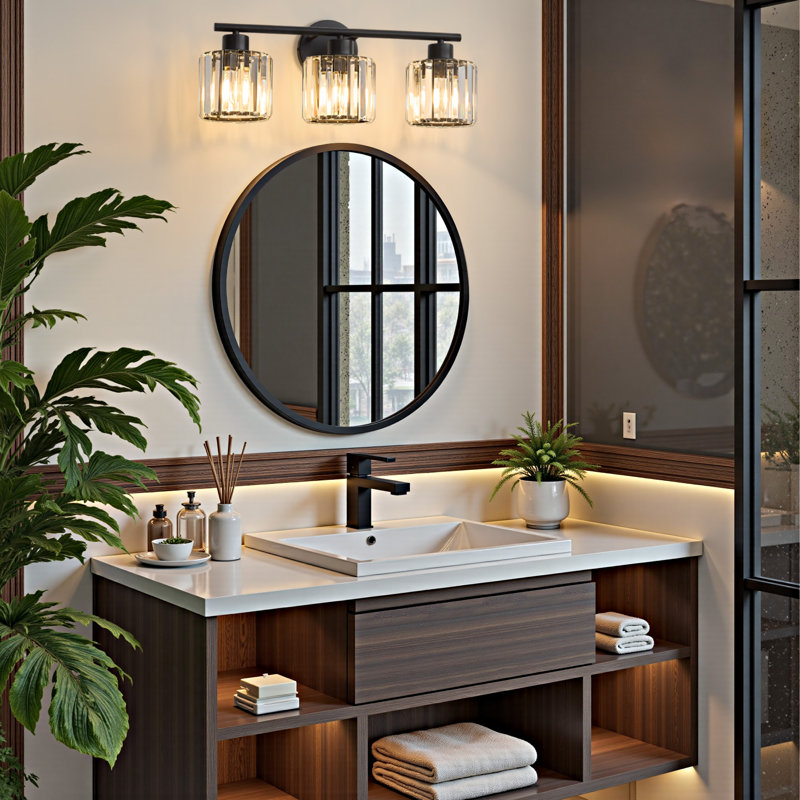 Miroir de salle de bain et de chambre à coucher moderne en cristal noir 3 lumières, Noir mat, 3