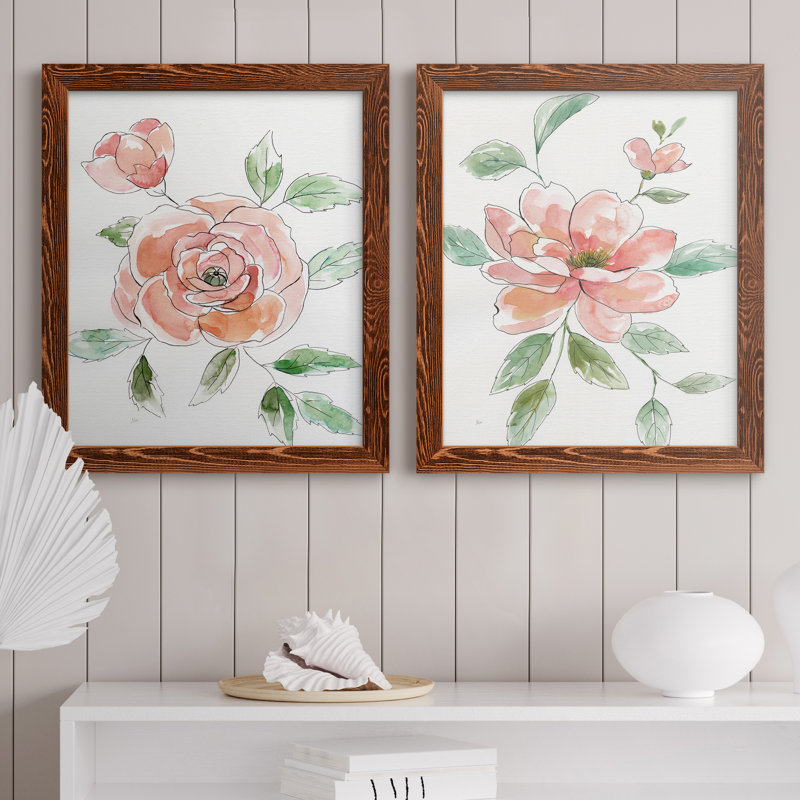 Rose Contour - ensemble de 2 peintures sur toile encadrées, Cadre en érable, H 20 po x l 34 po x P 1,5 po