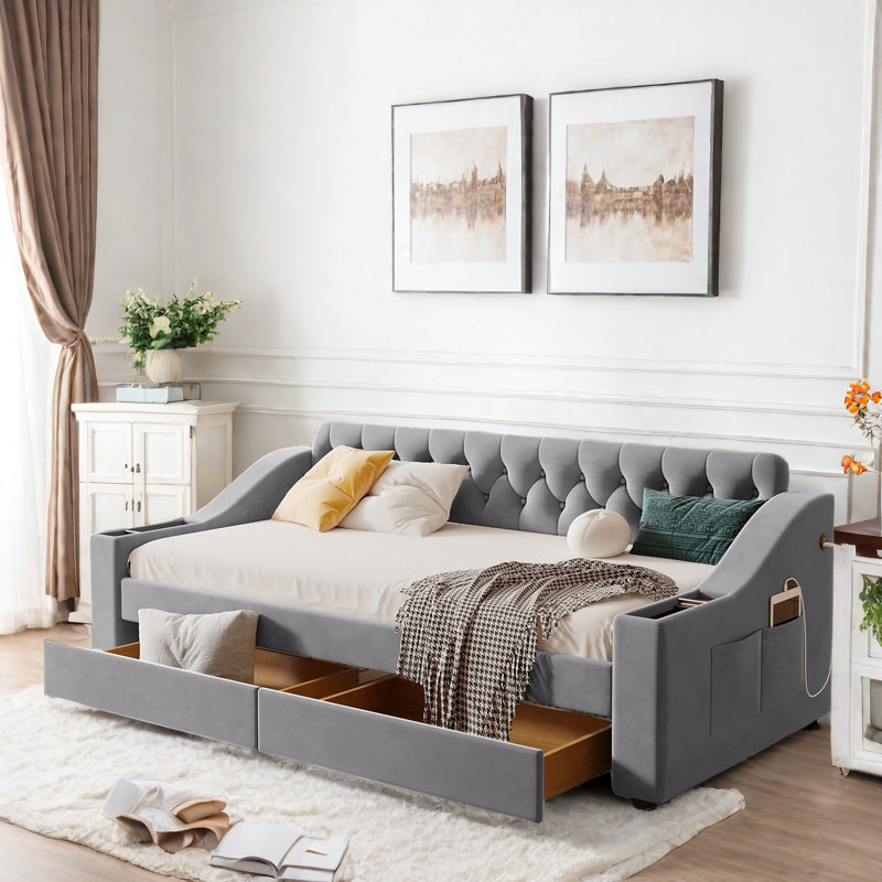 Lit de jour rembourré avec accoudoirs de rangement, ports USB, poches latérales, 2 tiroirs et capitonnage à boutons, Gris