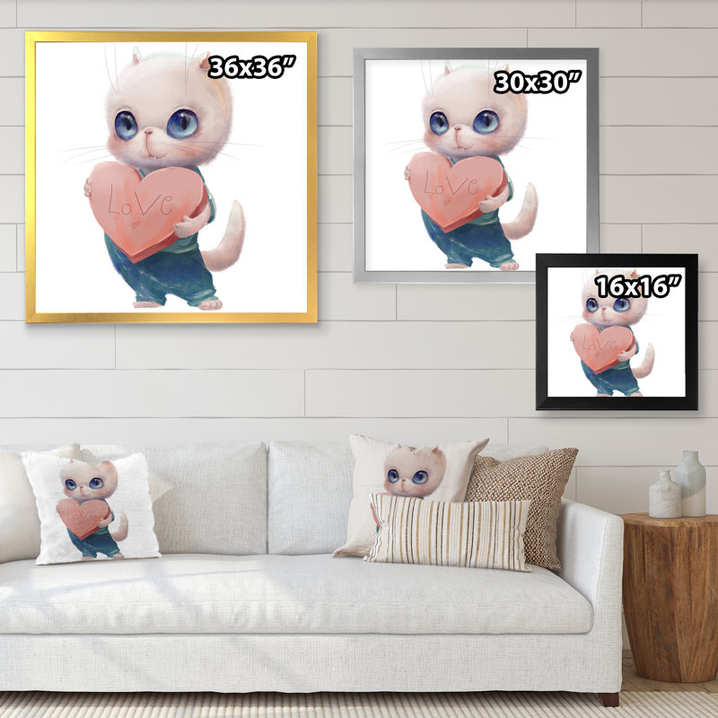 Mignon chat blanc avec cœur - reproduction d'art sur toile pour enfants, H 36 po x l 36 po x P 1 po, Cadre photo blanc