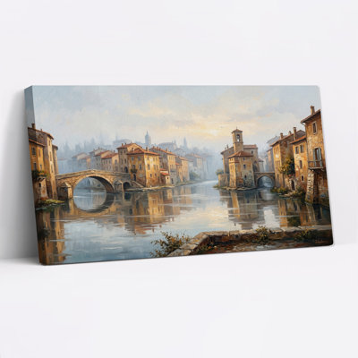 Tableau sur toile représentant une ville de Misty River avec un pont de pierre