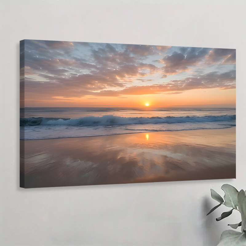 «Sunset Beach Waves», impression sur toile encadrée