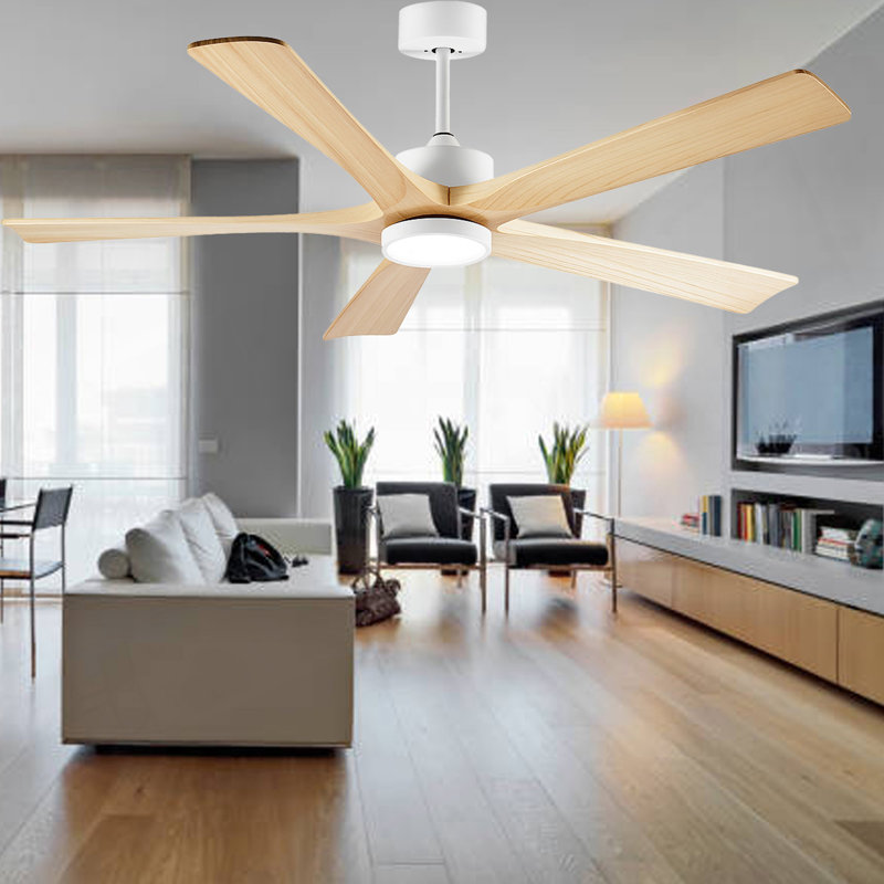Ventilateur de plafond de 60 pouces avec lumière, 5 pales en bois massif, fixation par tige pour plafond incliné ≤15 °, moteur CC réversible silencieux, application et télécommande, 6 vitesses, minuterie, DEL à spectre complet à intensité variable