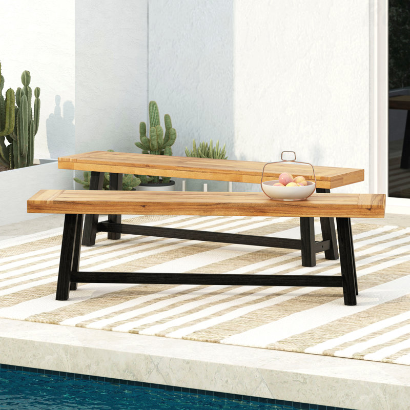 Banc d'extérieur en acacia - sablé et finition noire, ensemble 2 pièces, Brun
