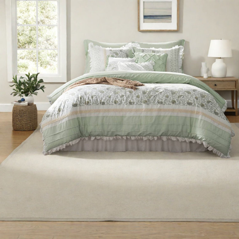 Ensemble de literie en coton de qualité supérieure, vert sauge, style maison de campagne, confort toutes saisons