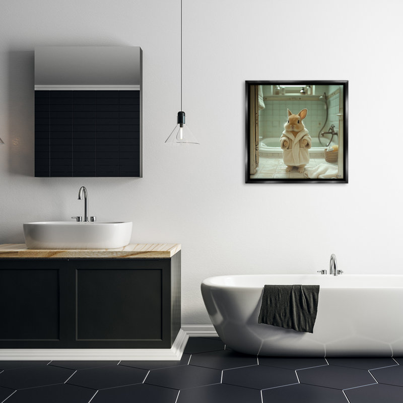 "Lapin en peignoir" par RB sur toile, Cadre flottant noir de jais, H 25 po x l 25 po