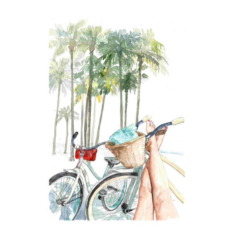 «Holiday Bikes and Palm Tree Relaxing», peinture sur toile tendue, H 18 po x l 12 po