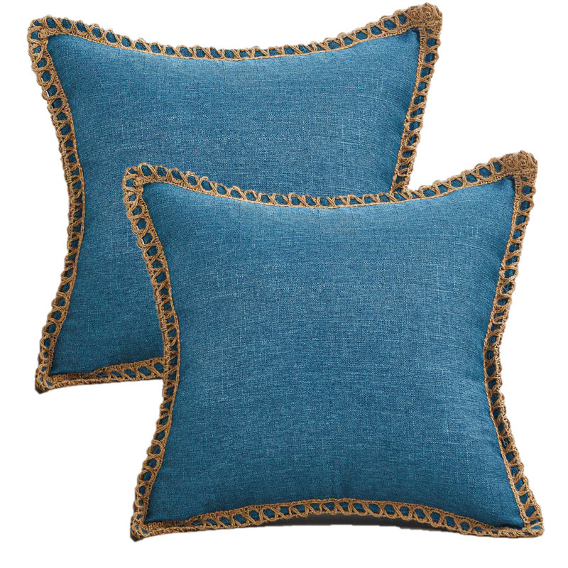 Cotton Linen Fringed Cotton Reversible Pillow Cover, Blue