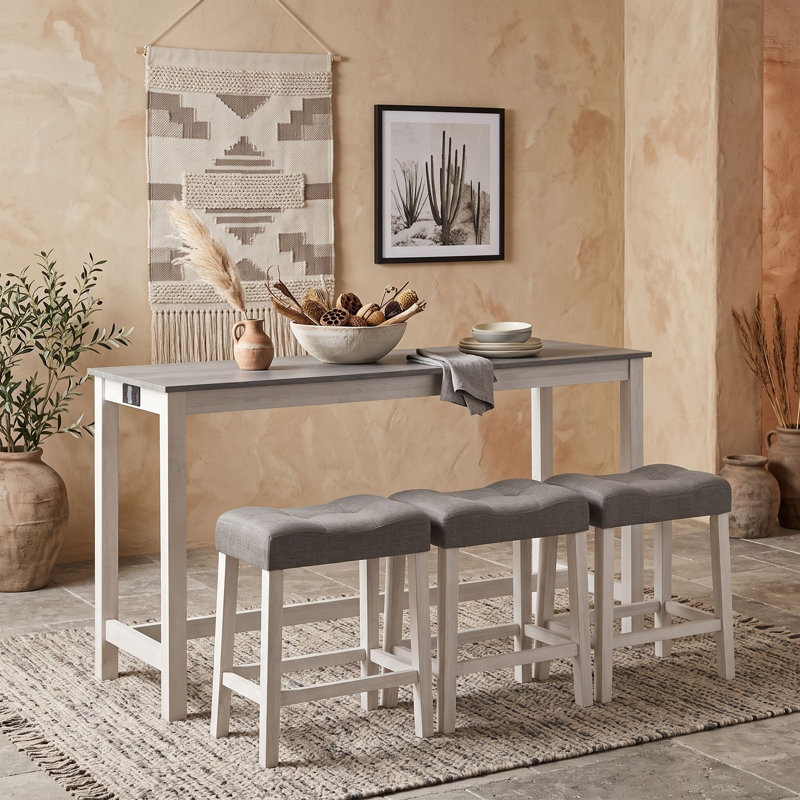Ensemble de table de bar rectangulaire en bois avec 3 tabourets rembourrés et ports de chargement, Gris / blanc