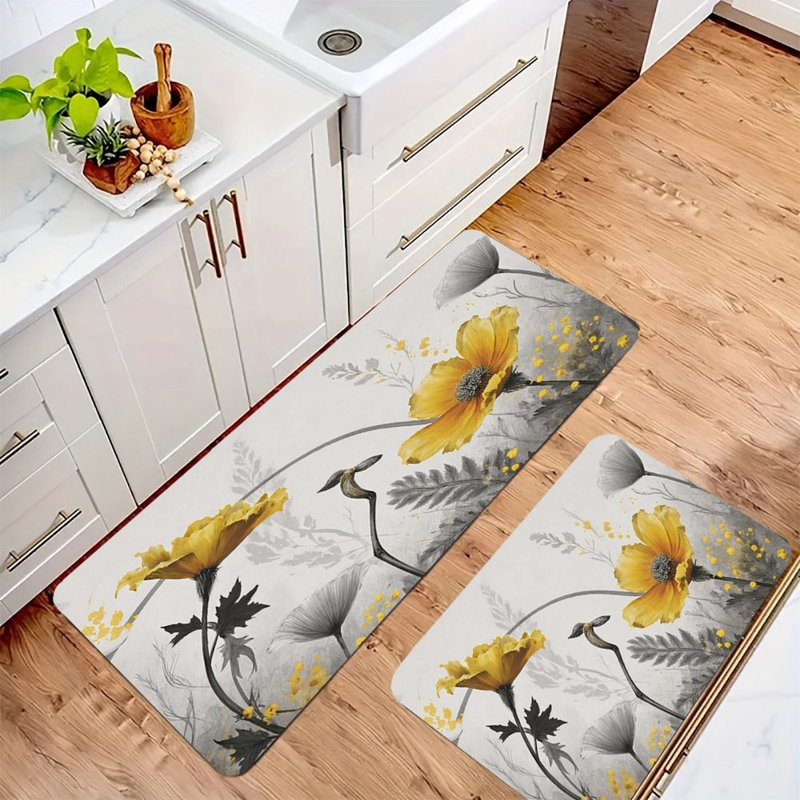 Tapis de cuisine jaune à motif de coquelicots jaunes, 2 unités