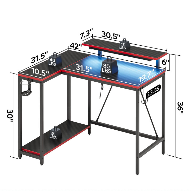 106cm Led Desk With Monitor Stand & Headset Hooks