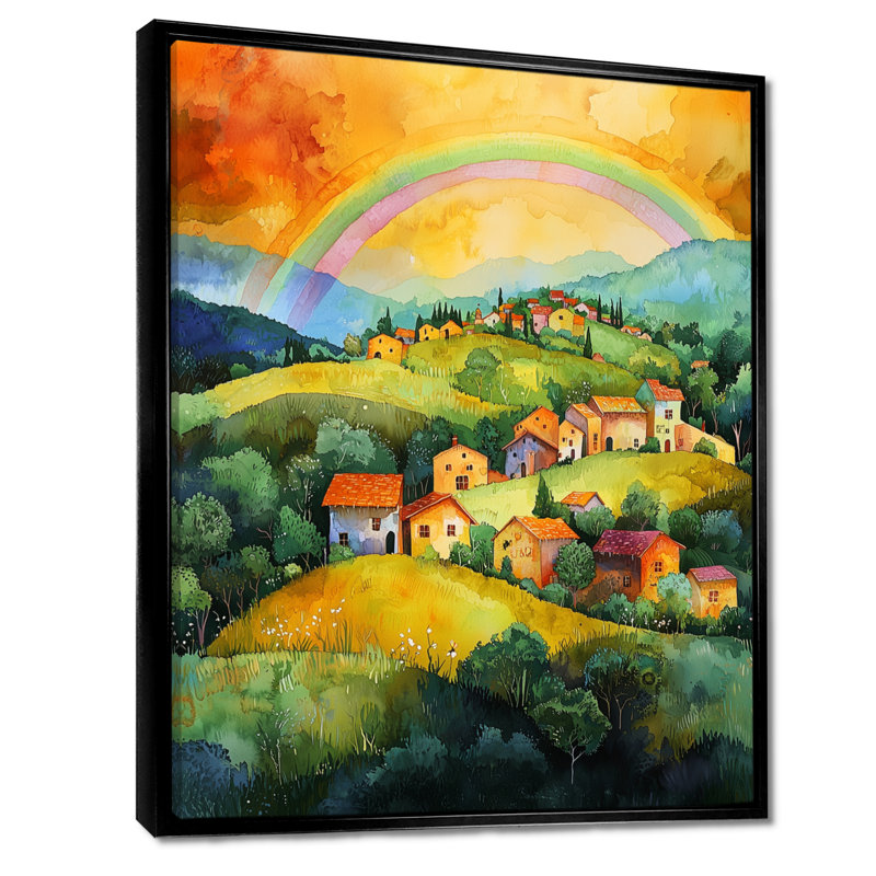 Rainbow Over The Hillside Village I - Art mural arc-en-ciel, H 20 po x l 12 po, Reproduction avec cadre flottant, Noir