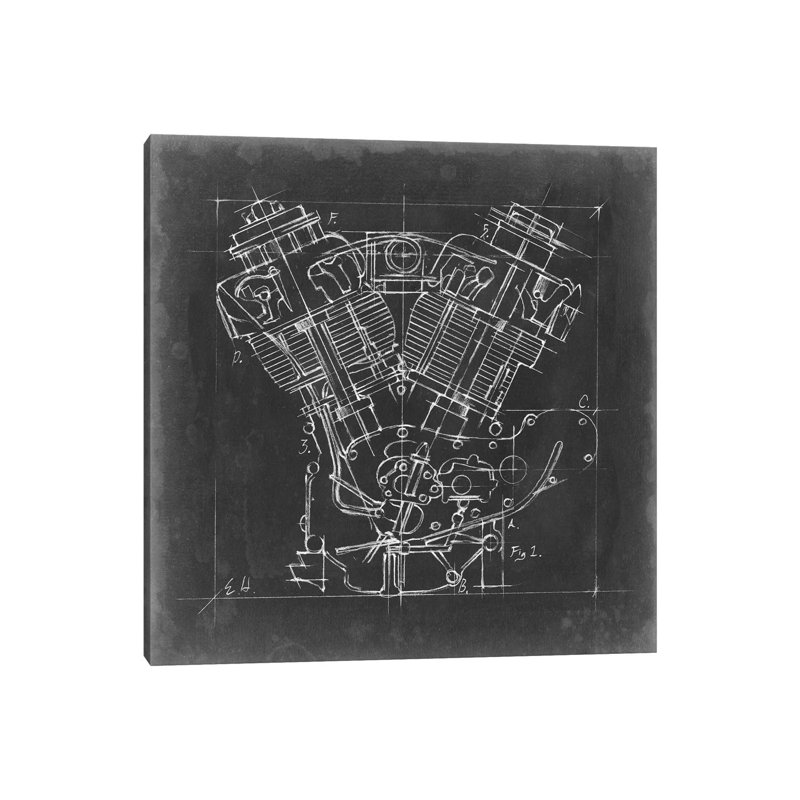 "Moto Engine Blueprint I" par Ethan Harper, reproduction d’art, Pas de tapis, Toile tendue, H 12 po x l 12 po x P 1,5 po