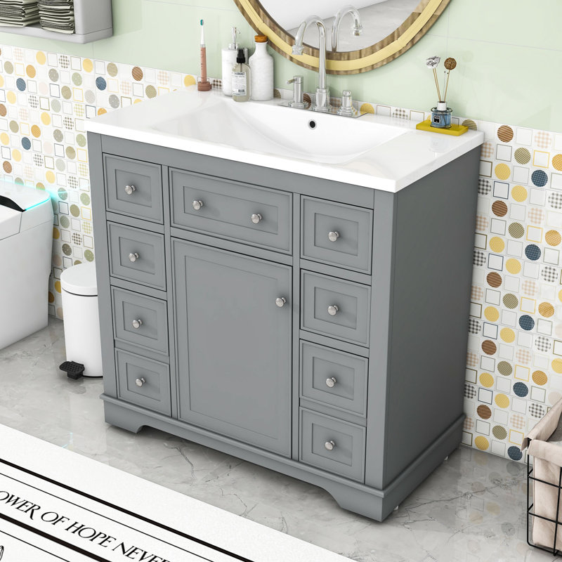Meuble-lavabo sur pied simple 36 po avec plateau en céramique Miryea, Gris