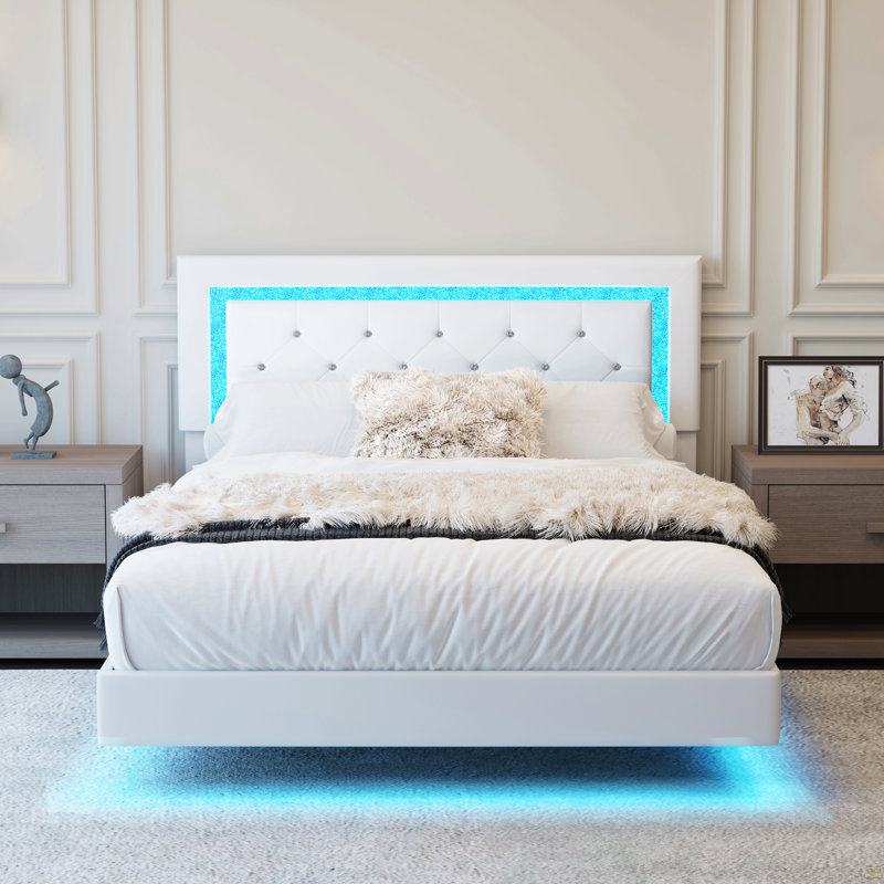 Cadre de lit double avec tête de lit, cadre de lit flottant avec lumières DEL