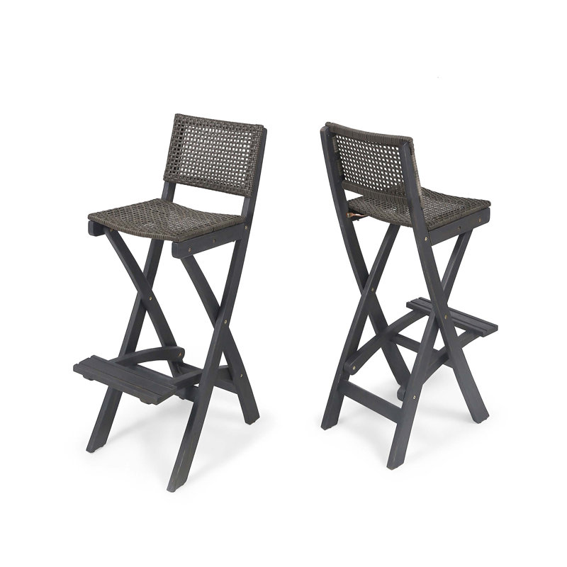 Tabourets de bar pliants d'extérieur fabriqués en bois d'acacia avec assise tissée, idéaux pour une utilisation extérieure polyvalente et un rangement facile