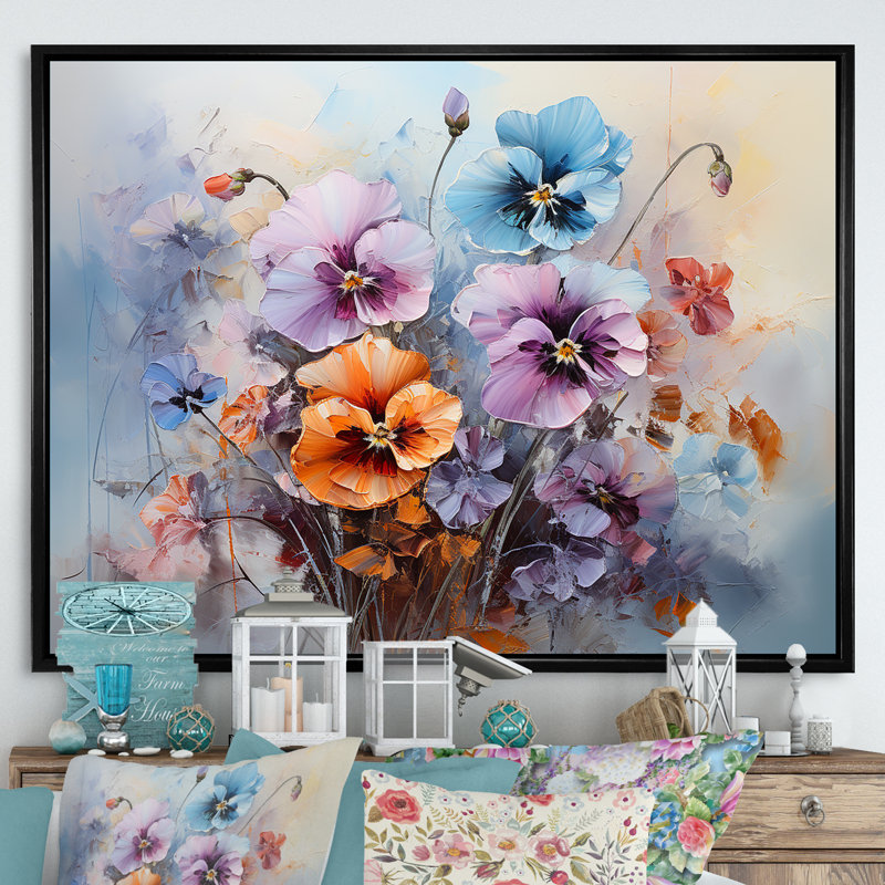 «Purple Pansies Efflores Lawrence» sur toile, Cadre flottant noir, H 24 po x l 32 po x P 1 po