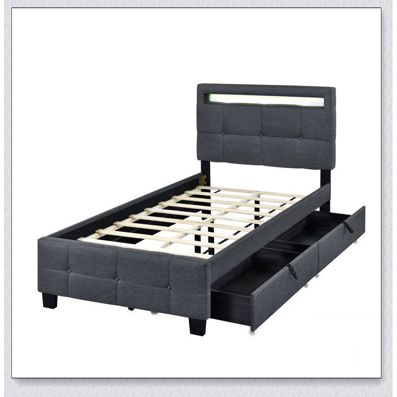 Lit plateforme tapissier avec cadre à DEL et 2 tiroirs, Lit simple, gris