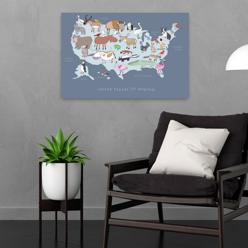 United States Animals Map Contemporary Bird Wildlife Wall Art Print 1 Piece Wrapped Canvas Wall Art, 40.64cm H x 60.96cm W