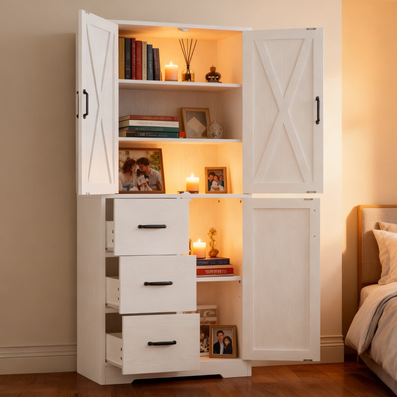 Bibliothèque de rangement à 5 niveaux avec portes et tiroirs, tablette industrielle réglable pour le salon de style campagnard