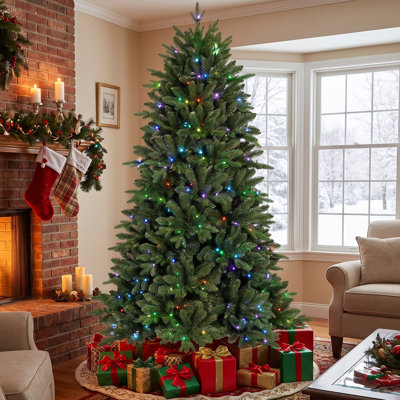 7' Pre-Lit Artificial Christmas Tree with 340 RGB LED Lights, 50 Light Functions, Quick-Connect Power, 2126 Mixed PE/PVC Tips, and Metal Stand