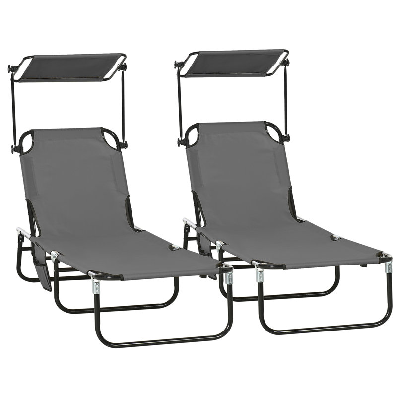 Adjustable Reclining Lounge Chairs Steel Frame Beach Pool Patio Sunshade, Gray