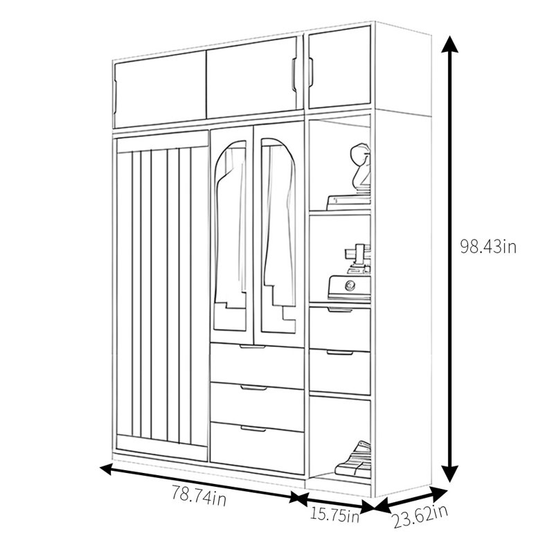 Retro Simple Push Pull Wardrobe, 98.43" H x 94.49" W x 23.62" D