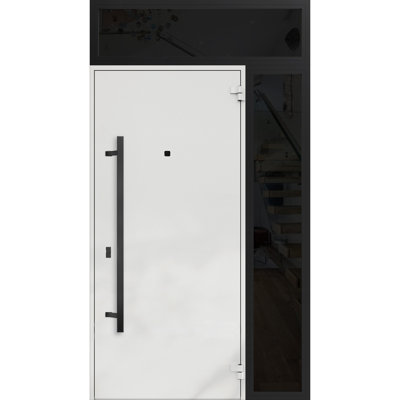 Porte avant en acier pré-suspendue à l'avant / deux en chêne naturel 6678 / fenêtre extérieure latérale et supérieure en métal / entrée en métal peint moderne l 36 po x H 14 po x H 80 po + ouverture à gauche 16 po