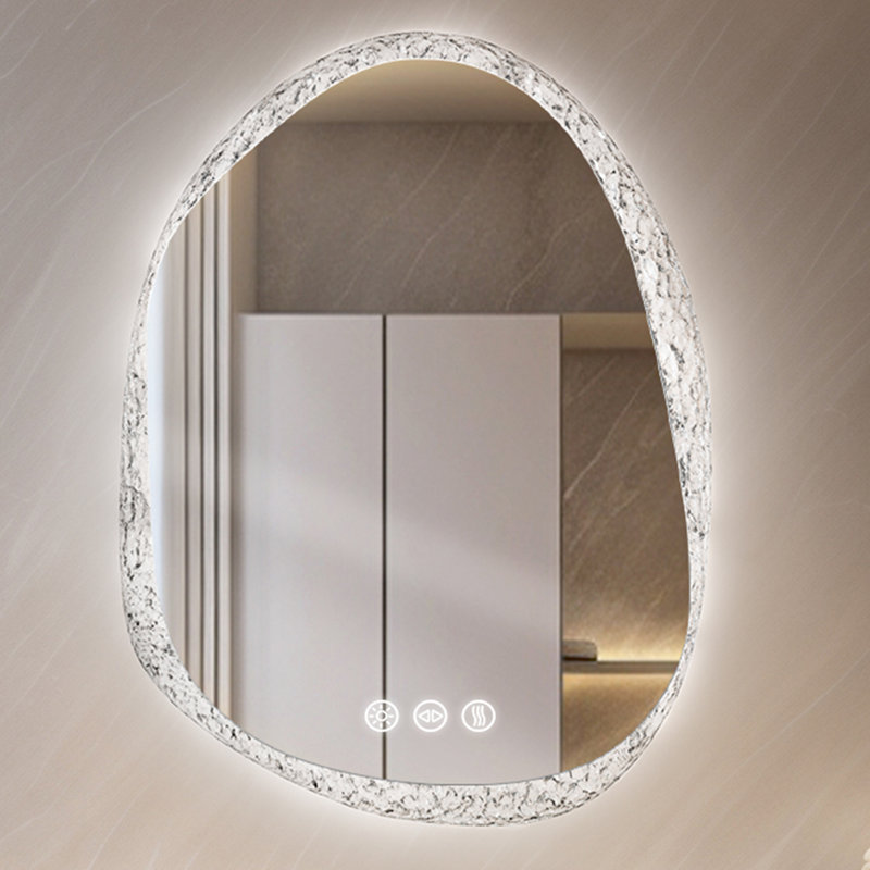 Stylish Stone Border Irregular Led Wall Mirror Bathroom Vanity Mirror With Blaklit 3 Color Temperature Lights Anit-fog Dimmable, 3 Touch Sensor Switch Plug In