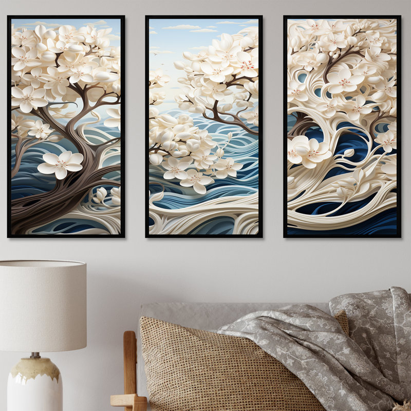 Ensemble de salon mural blanc et bleu River I - River Decor Wall Art, Cadre flottant noir, H 32 po x l 48 po x P 1 po