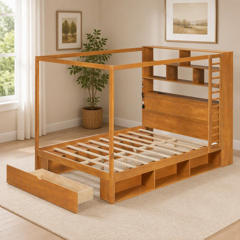 Lit à baldaquin en bois Queen Size avec tête de lit bibliothèque, prises USB et éclairage DEL RVB intelligent, Queen, Walnut