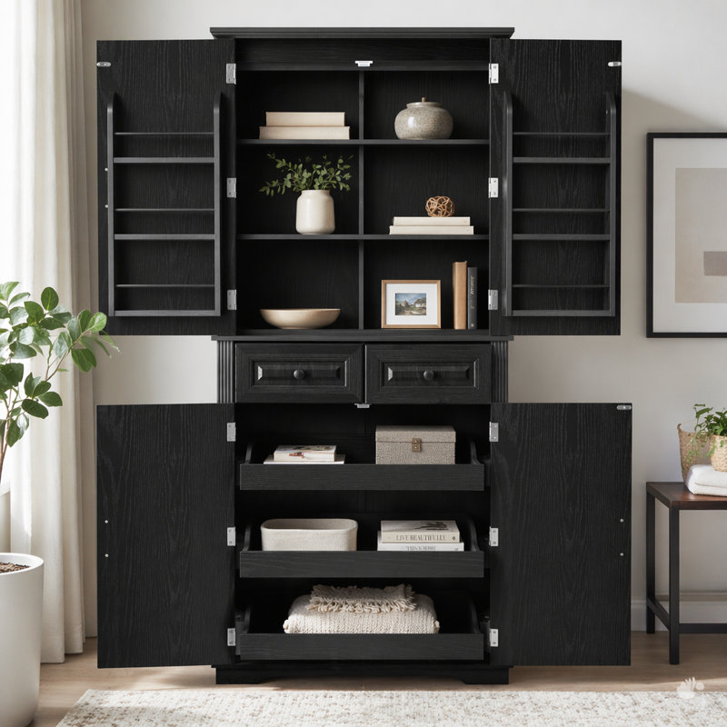 Armoire de cuisine de 71 po de hauteur avec 3 organisateurs d'armoire coulissants, armoire de rangement à texture en relief Farmhouse avec 6 tablettes de porte, 2 tiroirs, armoire de cuisine autoportante