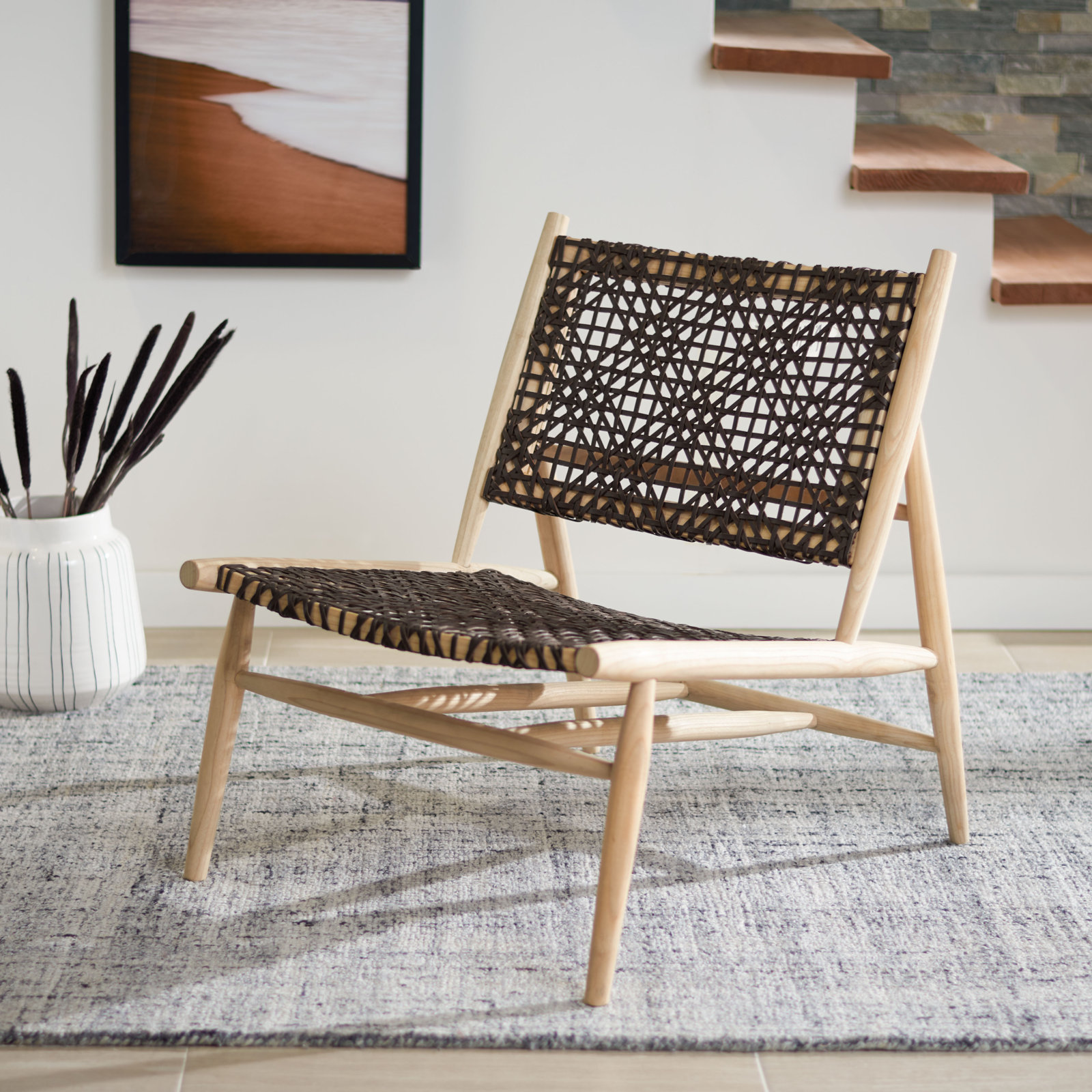 Kazbah Teak Genuine Leather Side Chair, Brown Genuine Leather/Natural Legs