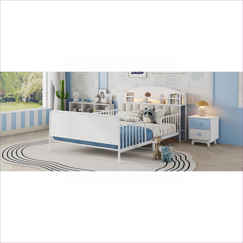 Structure de lit plateforme en métal pour chambre d'enfant, blanc éclatant avec lumière DEL et tête de lit tapissier avec rangement