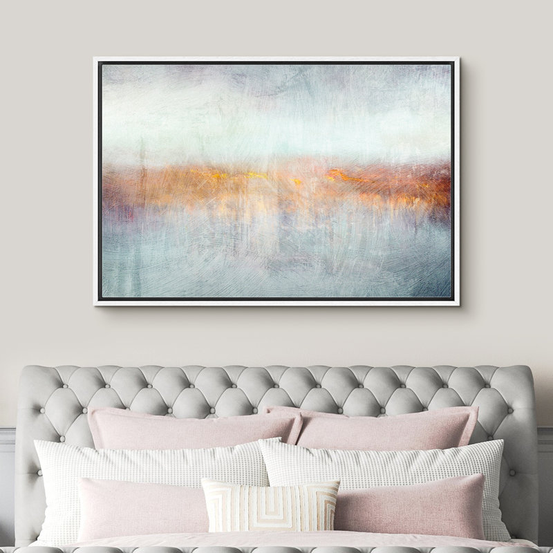 «Minimal Landscape Pastel Teal Orange Abstract Landscape Minimalist Decor Contemporary», reproduction d'art encadrée sur toile