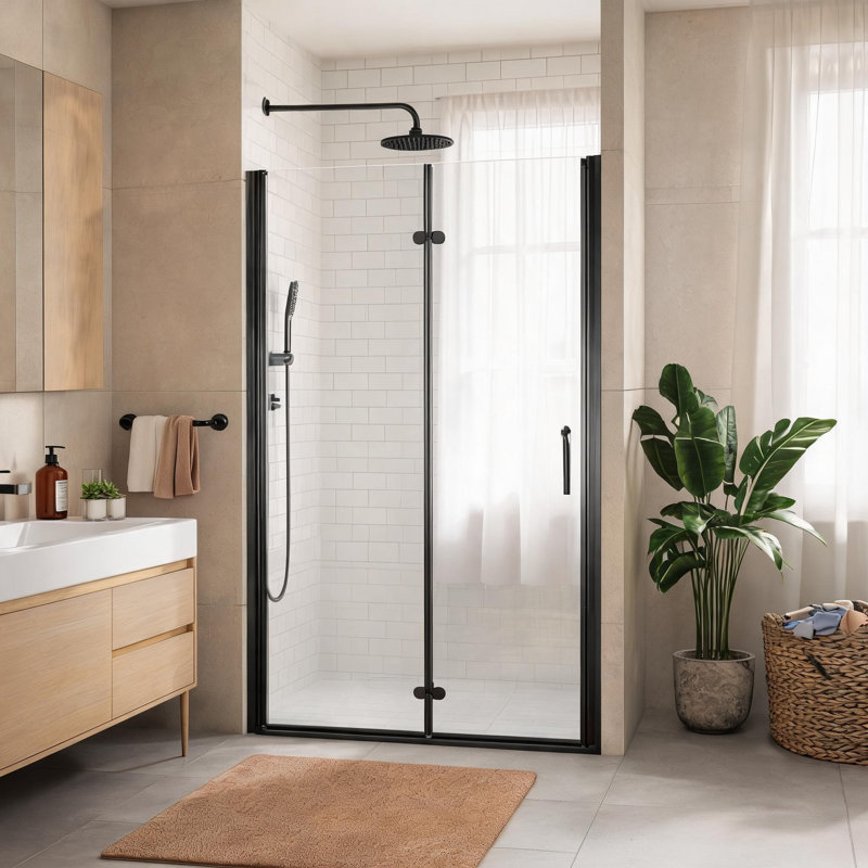 Porte de douche pliante à double panneau en verre noir mat de 76 cm (30 pouces) avec verre trempé transparent de 6 mm (1/4 pouce) et design sans cadre réglable