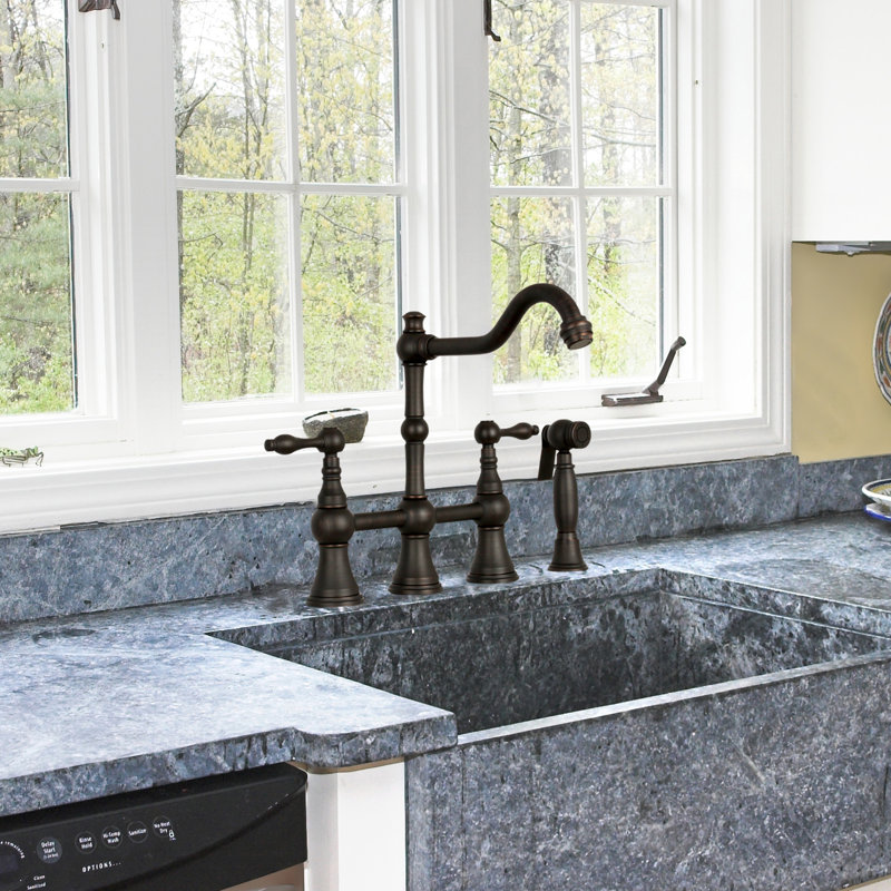 Brass Heritage Bridge Kitchen Faucet with Side Spray 2 Handles, Oil Rubbed Bronze