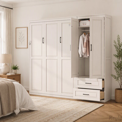 Queen Murphy Bed with Storage Wardrobe, Drawers, and Upholstered Headboard