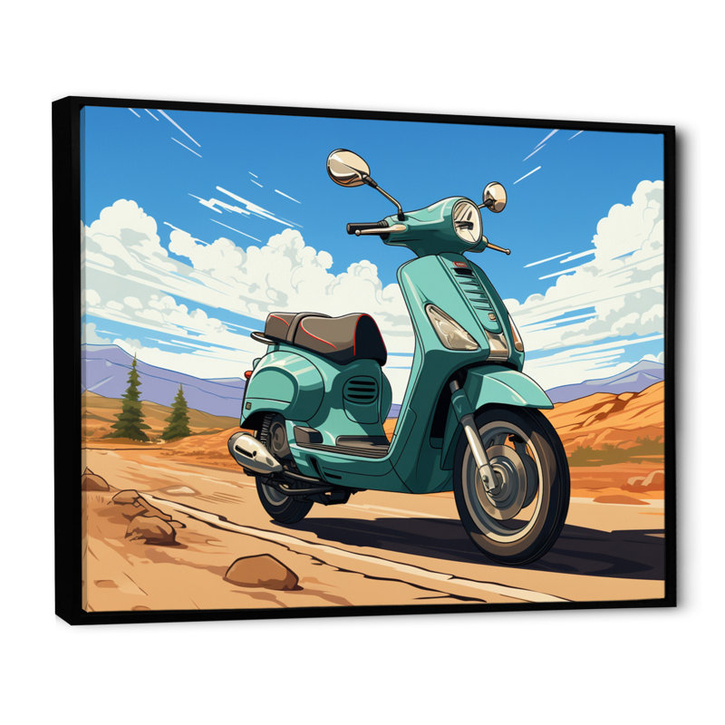 Scooter Retro In Desert Landscape, reproduction d'art sur toile, H 24 po x l 32 po, Cadre flottant noir