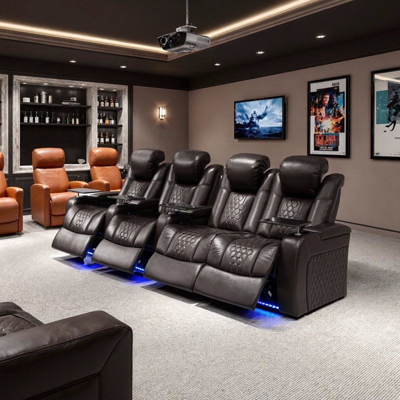 Fauteuil inclinable électrique de 124,4 po pour 4 personnes avec nappa de grain supérieur, relaxation entièrement réglable, charge intelligente, éclairage à DEL RVB dynamique, CAFÉ