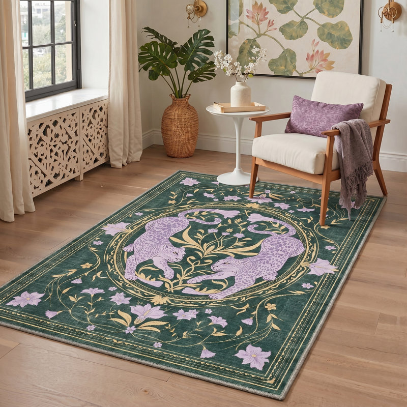 Fawnwood Vintage Leopard Botanical Area Rug, Green & Purple Floral Animal Print Rug, Machine Washable Non-Slip Rug for Living Room Bedroom