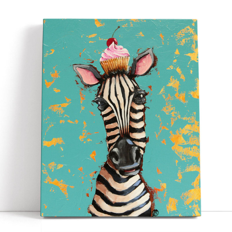 Zèbre avec petit gâteau cerise - reproduction d'art sur toile, H 45 po x l 36 po