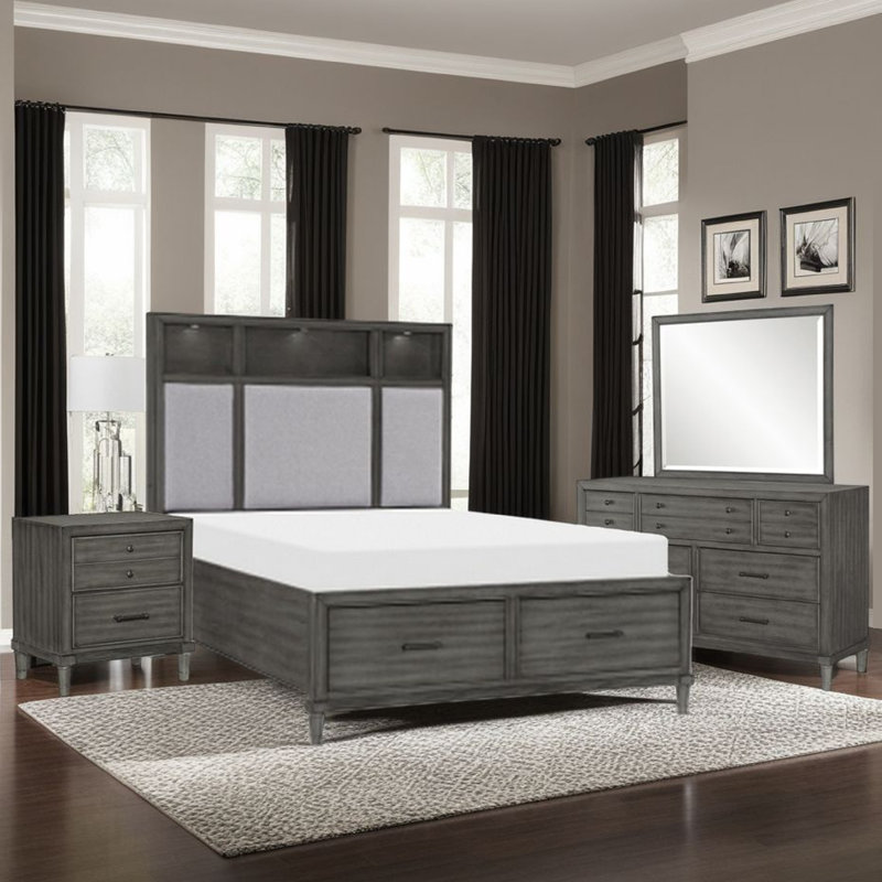 Ensemble de chambre avec grand lit 4 pièces Celia, avec éclairage à DEL, ports USB, gris chaud