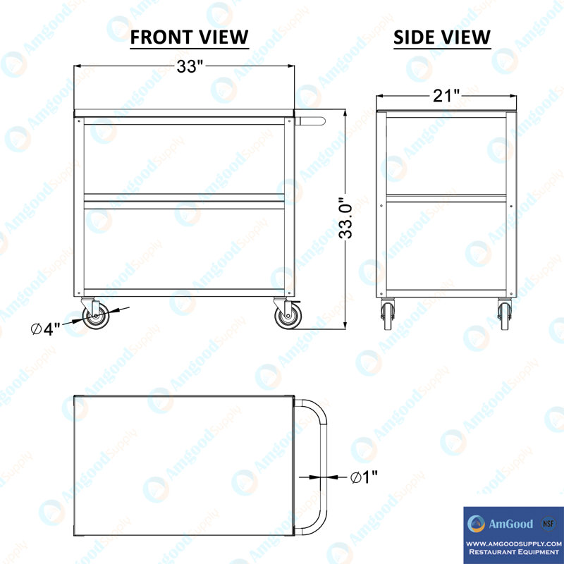 33" Stainless Steel 3-Shelf Utility Cart with Swivel Casters