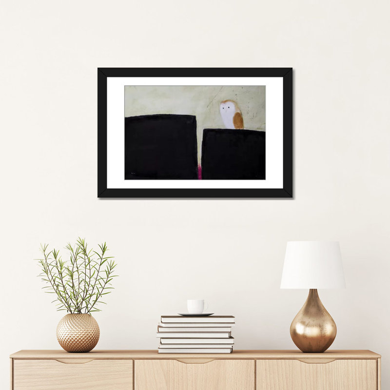«Owl on Black and Magenta», peinture sur toile tendue, H 16 po x l 24 po x P 1 po, Papier d'art encadré noir, Blanc