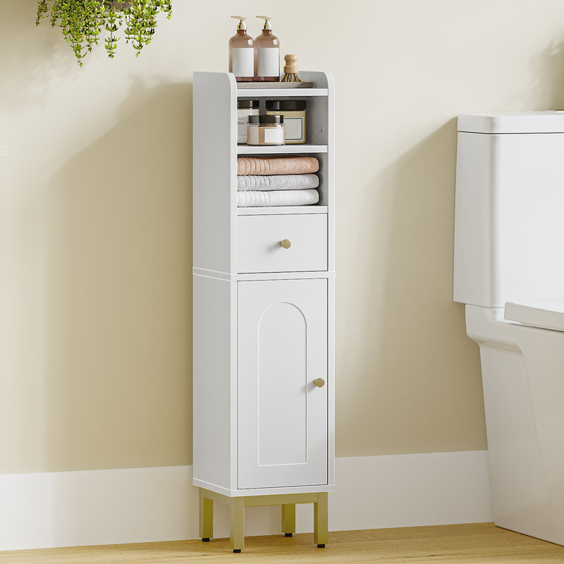 Bathroom Storage Cabinet, Corner Floor Cabinet with Drawers and Doors, Narrow Toilet Paper Holder, Bathroom Organizer with Adjustable Shelf, for Small Spaces, White