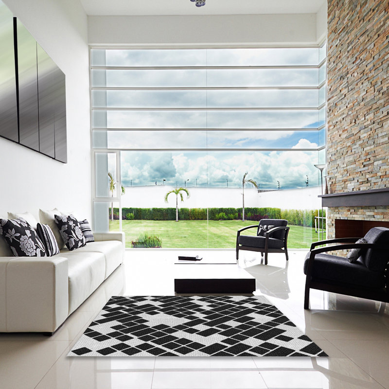 Tapis noir/blanc à motifs, Carré 3 pi