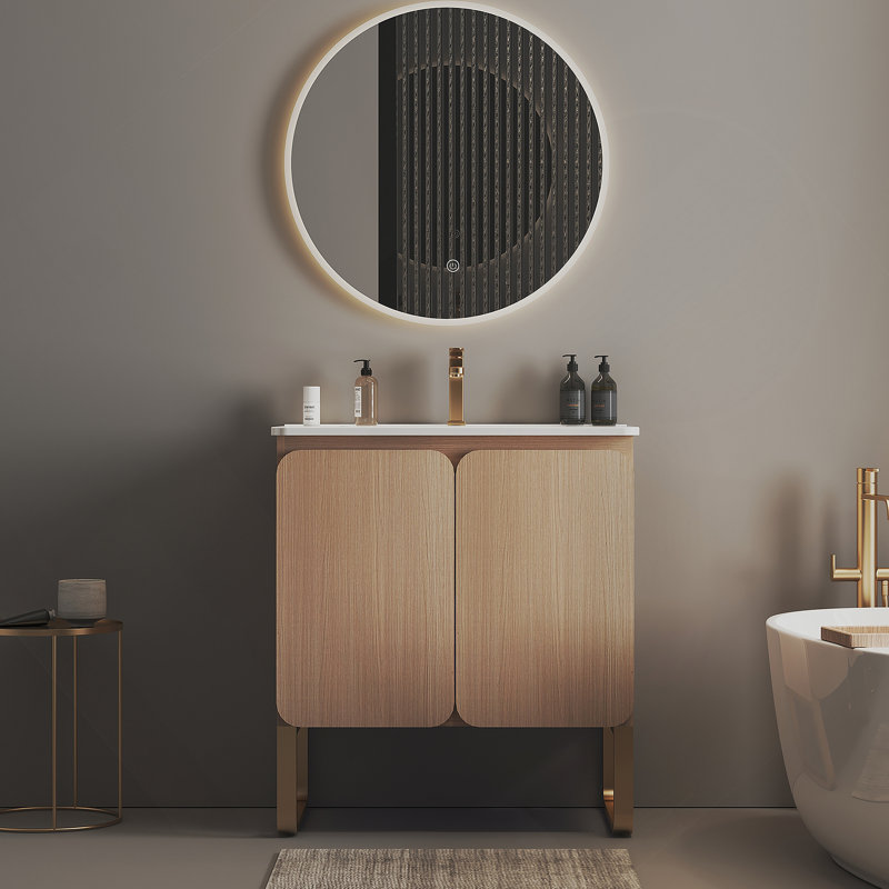Meuble-lavabo mural autoportant de 30 po en bois clair avec lavabo en céramique, grand meuble de rangement 2 portes et support en métal pour salle de bain moderne, KD