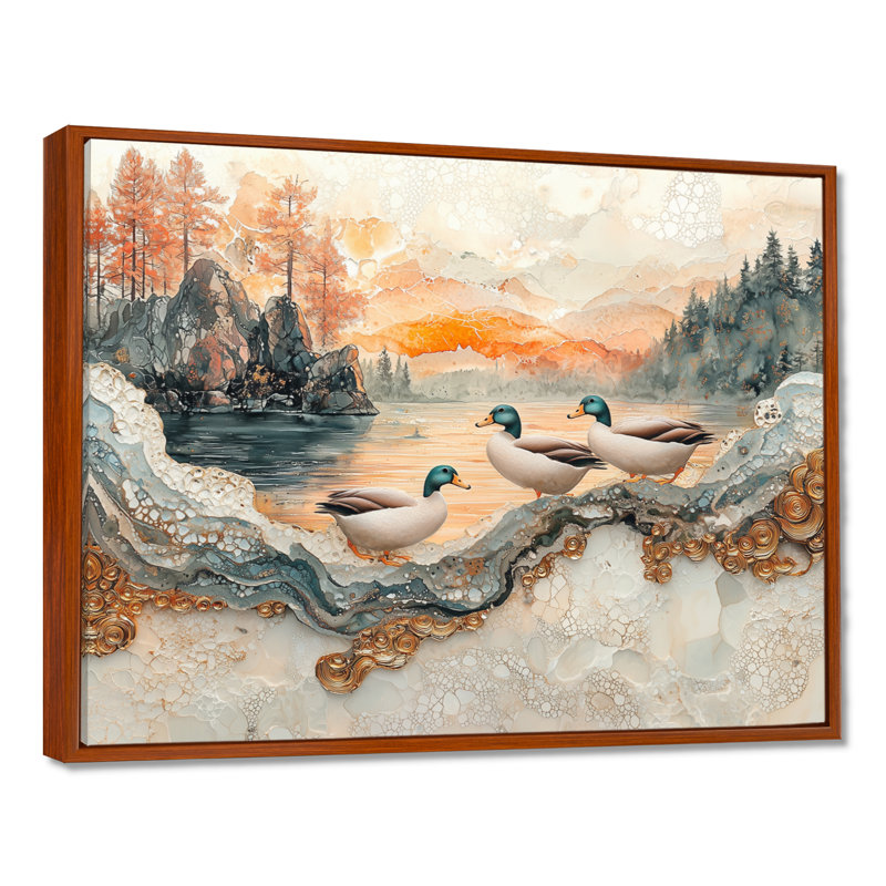 «Gollman Ducks Family At The Lake Landscape II - Duck Large», art mural, H 34 po x l 44 po, Cadre flottant, Brun