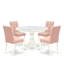 Cet ensemble de salle à manger moderne de 5 pièces comprend une table ronde à piédestal et 4 chaises Parsons élégantes à dossier avec tissu en polyester beige clair, finition lin blanc.-1242324975-1242324969-1242324951